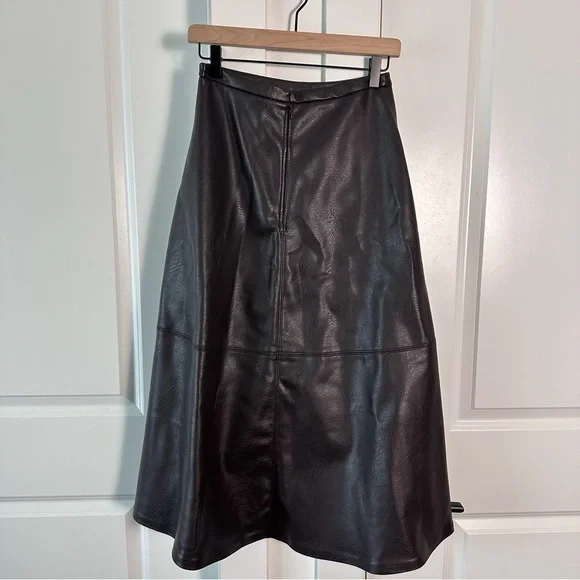 H&M Edition (2) Chocolate Brown Coated Leather Look Skirt- A Line Midi Length - Picture 6 of 9